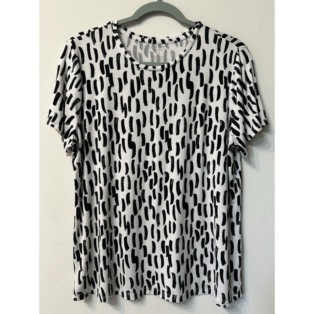 Nine West Soft Spun Women XL Short Sleeve Black White Abstract Brushstroke Tee